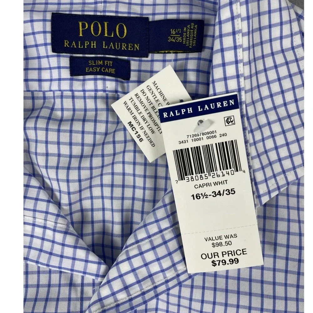 Polo Ralph Lauren Shirt Mens 16.5 34/35 Blue White Check Slim Fit Easy Care